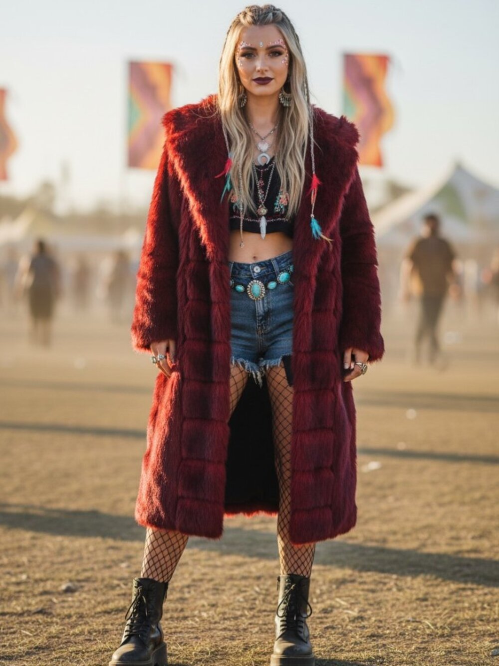 Red Faux Fur Coat with Hoodie